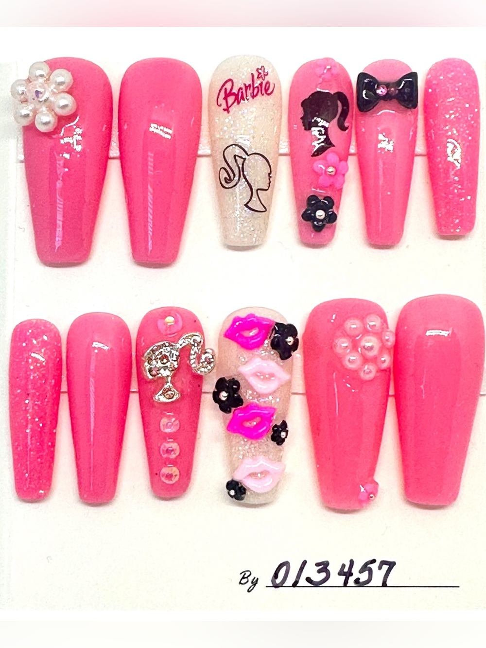 Handmade Custom Press On Nails 12pc Long Coffin Shape Pink Barbie Theme Nails